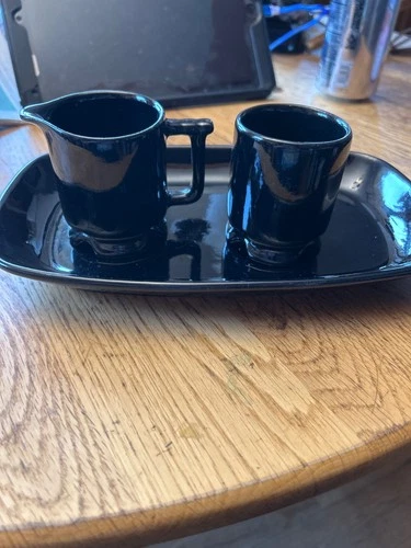 Vintage 2 Pc Frankoma Pottery Mini Creamer & Sugar Black 2.75" 1B 1A