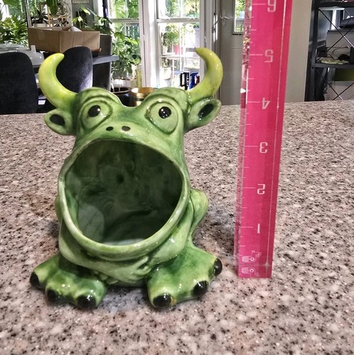Rare 1978 Vintage Green Ceramic Bull Frog Sponge Soap Holder Horns - Picture 6 of 6