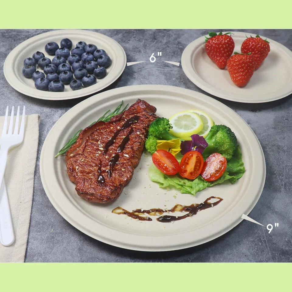 Platos de postre compostables GreenWorks 100pk 6" bagazo bambú biodegr sin blanquear Foto 2 de 4