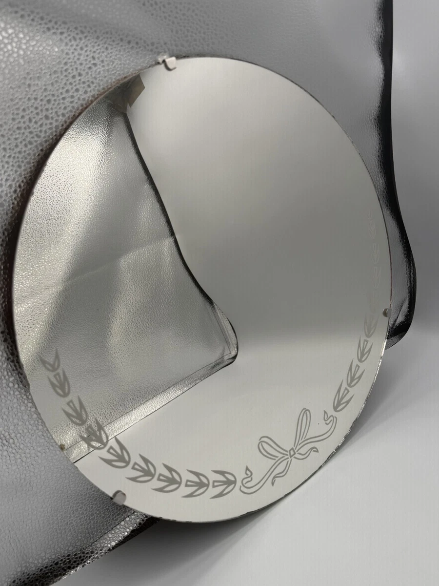 Vtg Round Frameless 15'' Wall Mirror Etched White Ribbon Flowers 1940's Art Deco