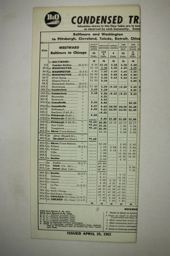Railroad Public Timetable Baltimore & Ohio B&O April 29, 1962 Train RR PTT