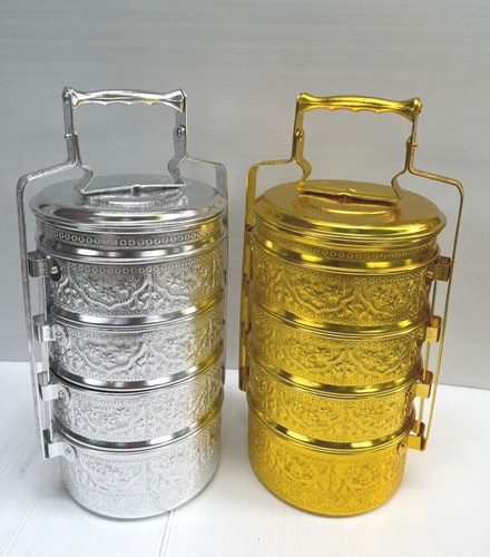 Vintage Style Thai Traditional Silver Aluminium Tiffin Gold Lunch Box 18 cm Gift - Picture 4 of 50