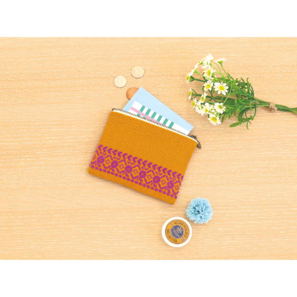 Olympus counted Kogin stitch kit ""Cardcase Musterd"", 9x13cm, Original from Japan