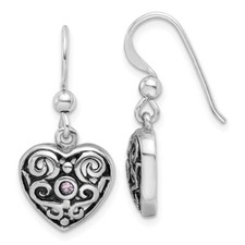 26.6mm Sterling Silver Antiqued Pink CZ Filigree Heart Dangle Earrings