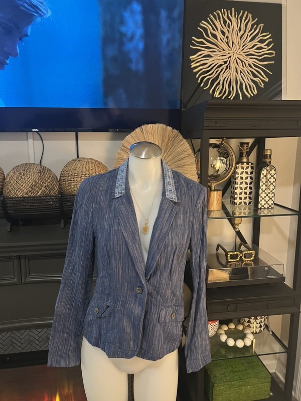 Anthropologie Cartonnier Winona Blue Cotton Linen B1 Embroidered Blazer Jacket