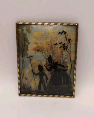 Vintage konvex Blase Glas gerahmt Rückseite Farbe Silhouette viktorianische Dame & Junge - Bild 1 von 6