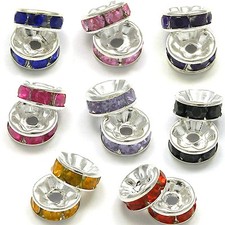 30 Silver Plated 8mm x 3mm Rondelle Spacer Beads with Glass Crystal Rhinestones