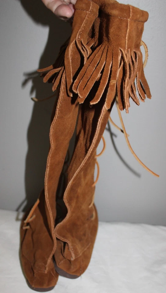 MOCASINES DE MUJER VINTAGE HECHOS A MANO EN EE. UU. GAMUZA CUERO CRUDO CON CORREAS TALLA 7 Foto 4 de 4