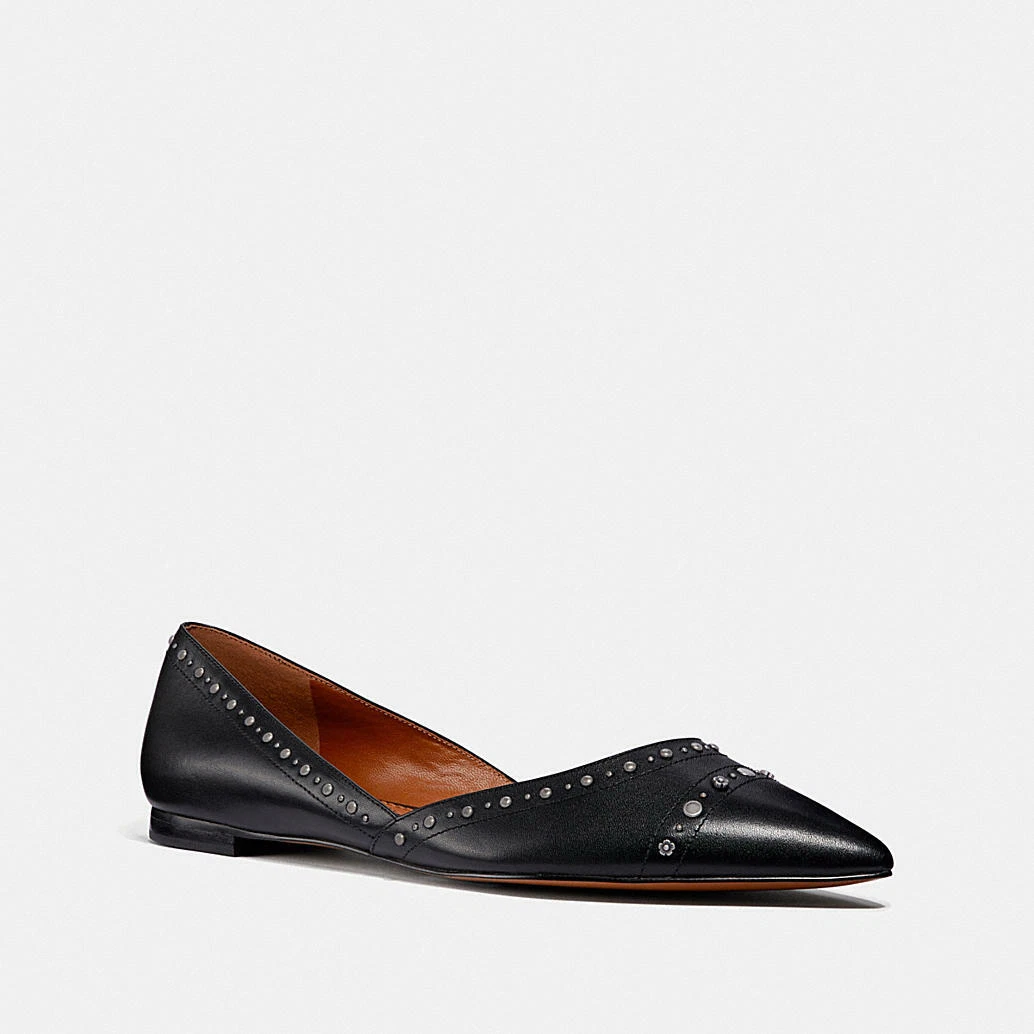 Coach Valintina Flat With Studs in Black Leather Pointed Toe Size