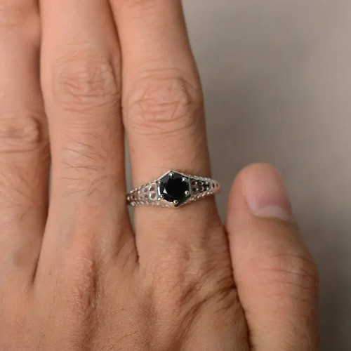 1.10Ct Round Cut Lab-Created Black Diamond Engagement Ring 14K White Gold Plated - Picture 7 of 10