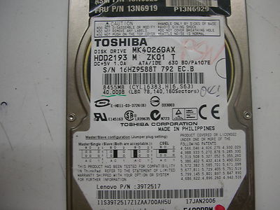 Toshiba 40gb MK4026GAX FKN5GA A5A000465 Disque Dur 2,5 '' Ide Eide Pata pour Ordi