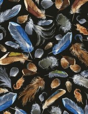 Animal Fabric - Nature Bird Feather Toss Black - Timeless Treasures YARD