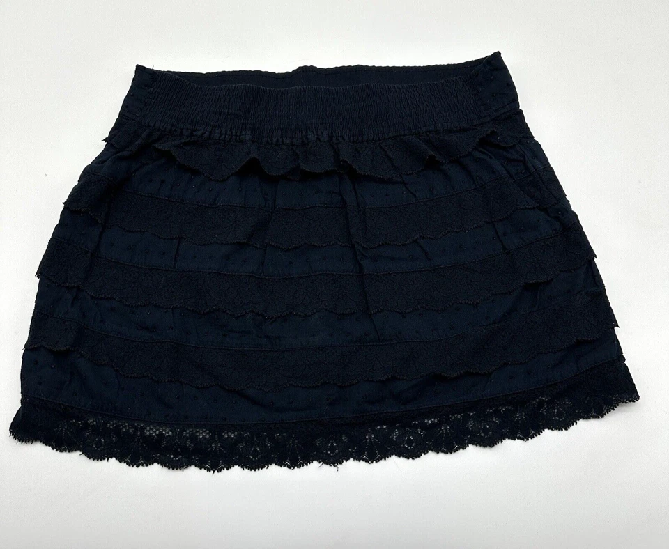 Hollister Mini Skirt Jrs Lace Swiss Dot Tiered Layers Elastic Navy Blue Sz M - Image 2 of 4
