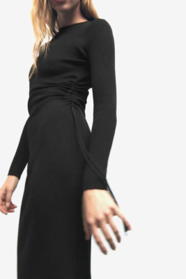knee length dresses for ladies Zara Black Sleeveless Rib Knit Ruched Midi Bodycon Sweater Tank Dress – Brie main image 1