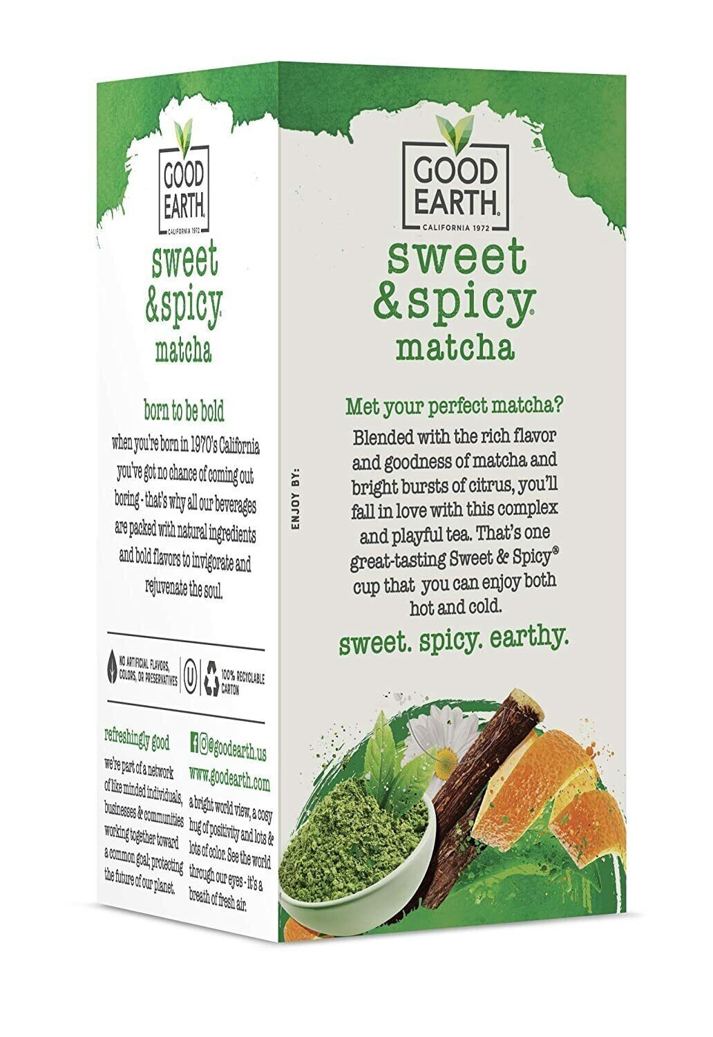 Good Earth Sweet & Spicy Matcha Flavored Green Tea, No Preservatives, 18 Tea Bag