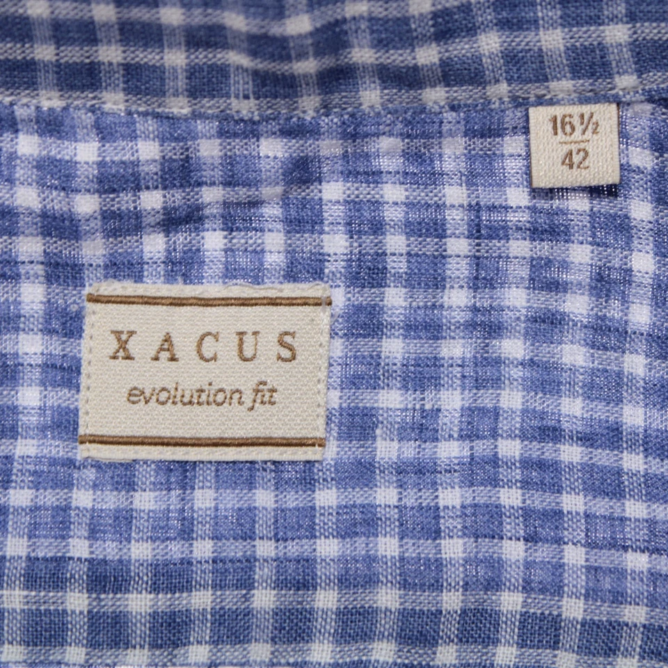 Xacus NWT Casual Button Down Shirt Size 16.5 42 In Blue With White Plaid Linen - Image 4 of 4