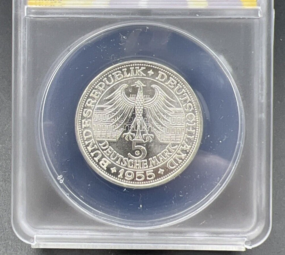 1955 G 5M West Germany Baden 5 Five Marks Silver Coin ANACS MS62 #043 - Image 3 of 4