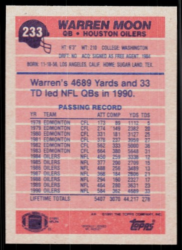 Warren Moon, 1991 Topps, #233, Houston Oilers, - Bild 2 von 2
