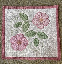 Vintage Antique Wild Rose Floral Appliqu , Embroidered Quilt Square 16 X 15.5