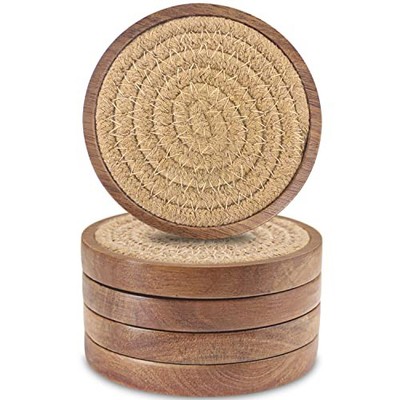 Wood Coasters for Drinks,  Absorbent Coaster Sets of 5, Woven 5 Pack #1 Brown