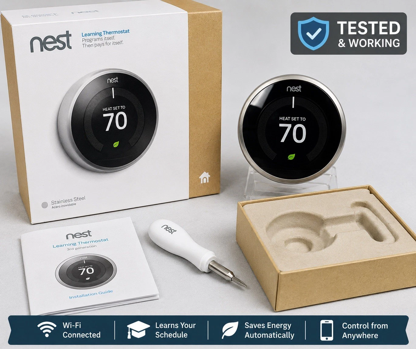 Nest Learning Thermostat 3rd Gen T3007ES Stainless Steel Tested Working
Opens in a new window or tab