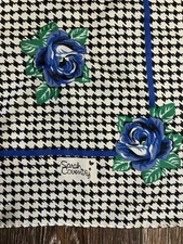 Vintage SARAH COVENTRY Houndstooth Black & white w/ Blue Roses floral scarf 30”
