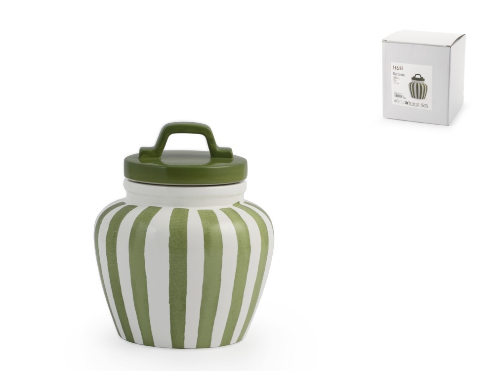 H&H Ceramic Jar Green Striped Decor With Lid And Seal