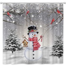 Christmas Snowman Shower Curtain Winter Snowy Forest Scene Bathroom Curtain S...