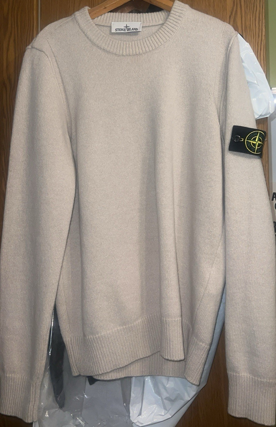 Stone Island Cotton Tight-Knit Beige Jumper Men's M Crew Neck Logo Patch