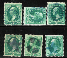 Billete de Washington de 3 centavos con número azul púrpura etc. cancelar estudio 1871-83 EE. UU. 65A53