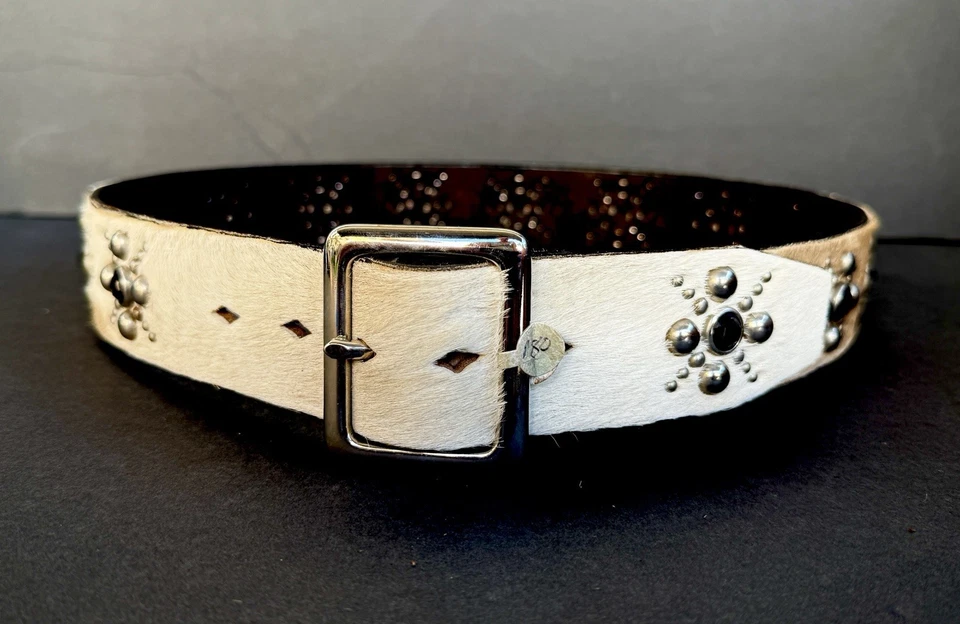 Unisex Black White Joed Hair On Leather Stars Studded Belt Size 32 Vint Upcycle - Image 2 of 4