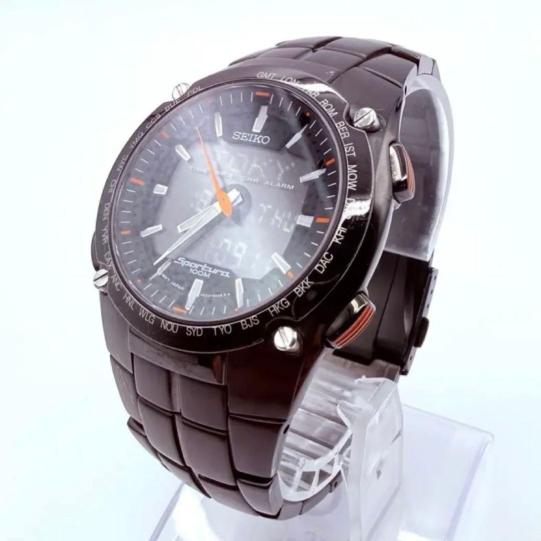 Seiko H02300E0 Sportura Watch Rare Black Dial Chronograph World Time