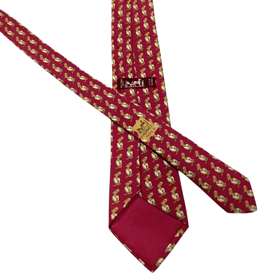 Corbata de seda para hombre HERMES 7343 EA FRANCIA animales de lujo pájaros borgoña usada en excelente estado rara Foto 3 de 4