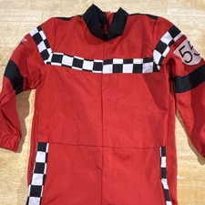 Kids Racing Driver Costume Red Jumpsuit Checkered Flag Stripes "55" L 134-146cm