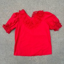 VTG 80s Red Lace Ruffle Partners Please Malco Modes Square Dance Blouse LARGE