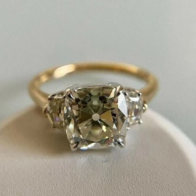 Cushion Shape 3.00CT Old Mine Cut Lab-Grown Diamond 3 Stone Ring 14k Gold