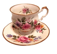 Elizabethan Cup and Saucer  Fine Bone China Tea Footed Cup Gold Trim Floral Rose