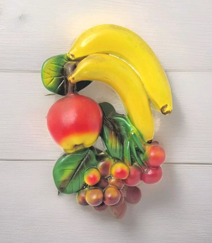 Vintage Obst Bündel Kreidegeschirr Wandrelief Kreide Kirsche Banane Apfel #US14