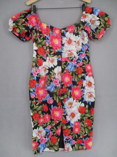 Forever New Dress Womens 14 Black Pink Green Floral Off Shoulder Bodycon Puff - Picture 11 of 18