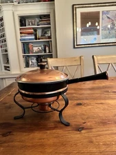 Copper Metal Wood Handle Warming Sterno Cooking Pot Pan Cookware