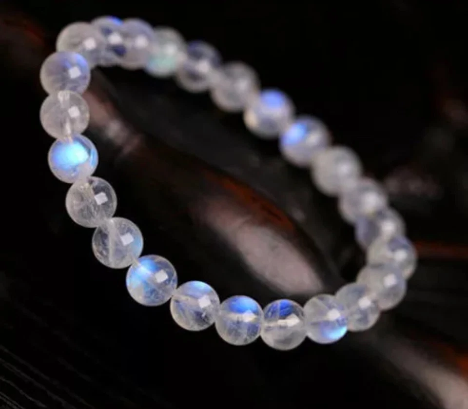 Pulsera de cuentas de piedra lunar natural grado AAA+ 7 mm cristal curativo destello azul Foto 2 de 4