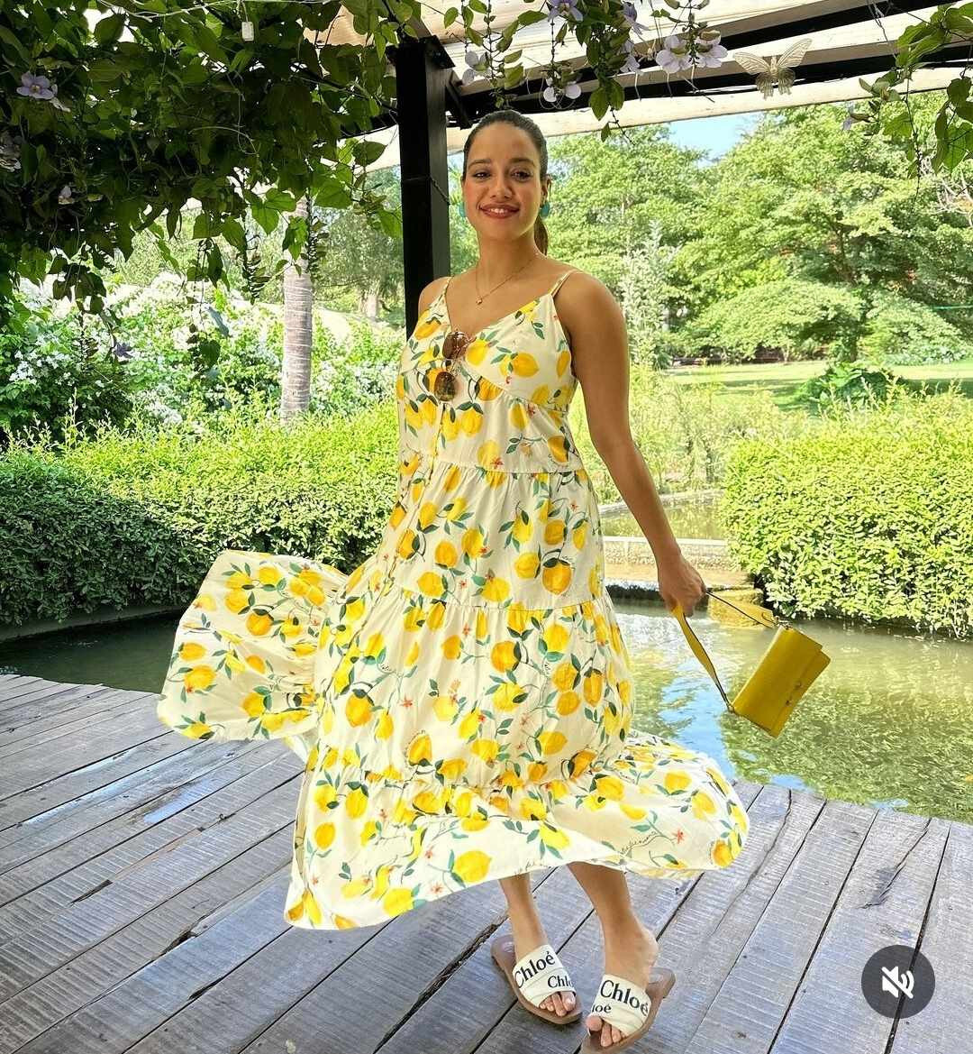 H&M 2024 Off White Lemon Print Strappy Summer Midi Maxi Dress size