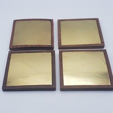 Set Of 4 MCM Square Wooden Brass Coasters