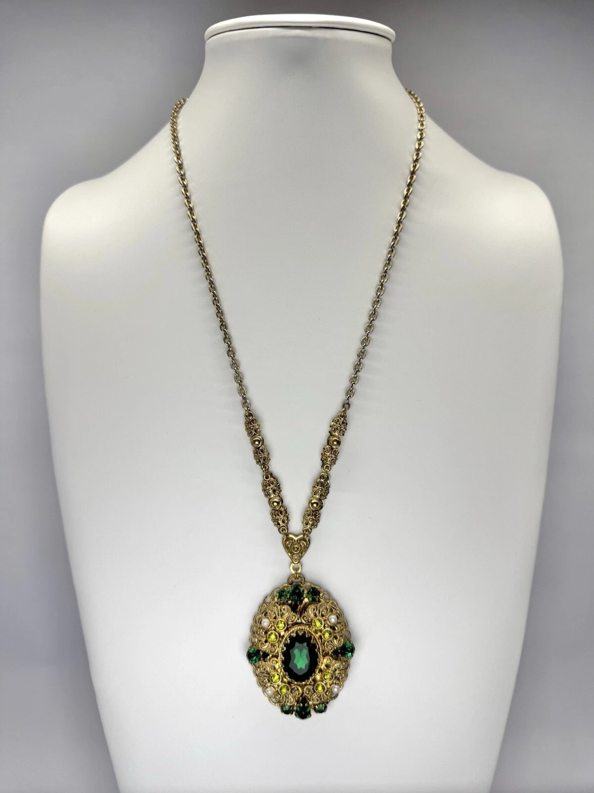 W. GERMANY Green Rhinestone Filigree Faux Pearl Vtg Necklace Jewelry N40 24”
