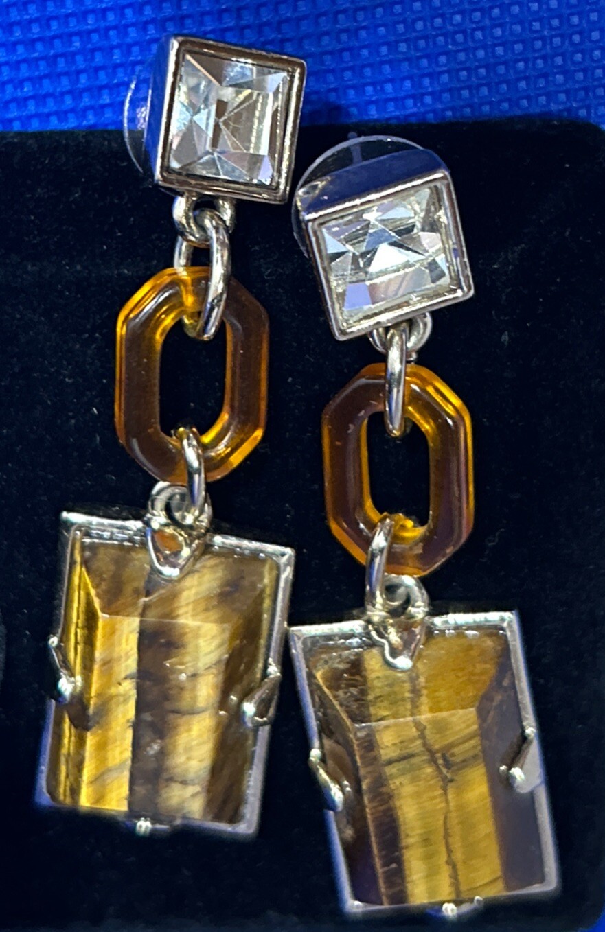 Tiger's Eye Rectangular Stone Dangle/Drop Earring… - image 1