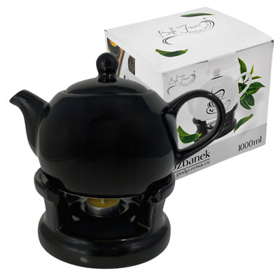Glasierter Keramik Teekanne Set mit Stövchen und Teelicht 1000 ml - 1L Schwarz
