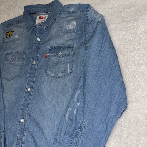 Levi's da uomo denim perla a scatto effetto invecchiato manica lunga XL viso sorridente ricamato - Foto 4 di 19