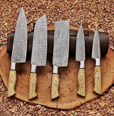 Custom Handgeschmiedet Damaststahl Kochmesser Set Tasche Küchenmesser Holzgriff