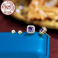 Top 925 Sterling Silver Purple Square Gold Plated Cubic Zirconia Stud Earrings