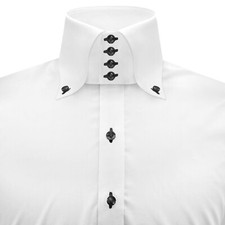 Mens Tuxedo White Shirt with Black Buttons High Stiff Button Down Pointed Collar